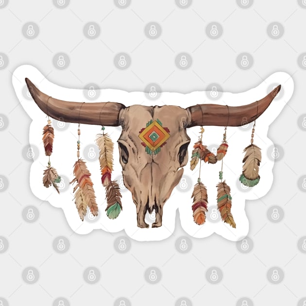 Cattle Skull With Feathers And Beads Sticker by BonnieSales